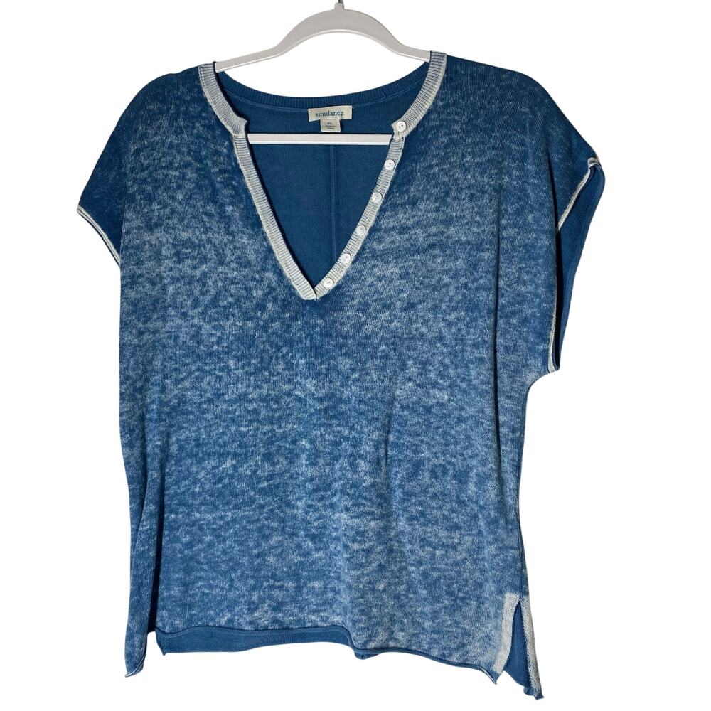 Sundance Cotton Lightweight Knit Top Blue White Womens Size Petite Large